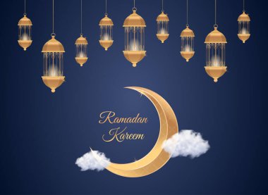 Ramazan Kareem İslami tebrik kartı arkaplan vektör illüstrasyonu. Altın ay ve lamba. 3D gerçekçi altın fenerli tasarım şablonu