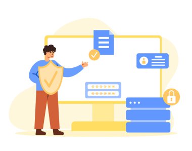 Siber güvenlik kavramı. Kişisel veri güvenliği, siber veri güvenliği çevrimiçi konsept illüstrasyon, internet güvenliği veya bilgi gizliliği. İniş sayfası için modern düz stil, web pankartı