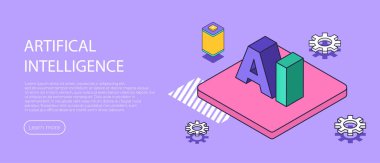 Yapay zeka teknolojisi izometrik illüstrasyon. İniş sayfası, web sitesi, mobil uygulamalar, poster, broşür için vektör tasarımı