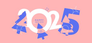 2025 'in kapak tasarımı mutlu yıllar. Y2k tarzı tatil örtüsü. Renkli ve hatırlaması kolay. Mutlu yıllar 2025 tasarım geçmişi