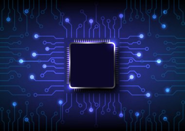 Vektör fütüristik mikroçip işlemci devre kartı mavi ışık. Teknoloji soyut arkaplanı.