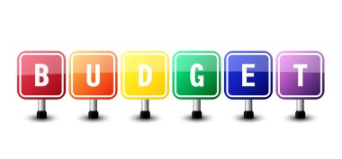 Beyaz arka planda renkli bütçe tabelası. vektör illüstrasyonu