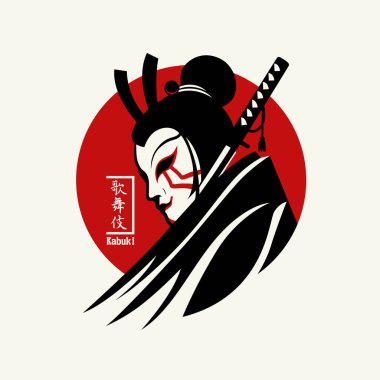 Japon Logosu Kabuki Samuray stili. vektör illüstrasyonu