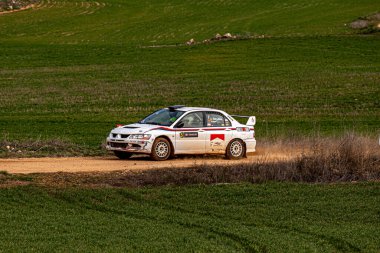 Mitsubishi Lancer Evo rali aracı açık bir gökyüzünün altındaki canlı yeşil alanlarla çevrili toprak bir yolda ilerliyor. Motor sporunun heyecanını gözler önüne seren toz, hızlandıkça yükselir..