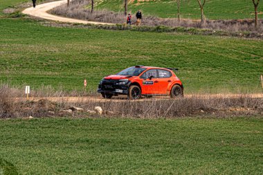 Canlı bir rali olan Citroen C3-R5, yemyeşil tarlalarla çevrili toprak bir yol boyunca hızla ilerler. İzleyiciler, açık gökyüzünün altında yarış devam ederken uzaktan izliyorlar..