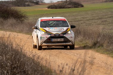 Toyota Aygo rali arabası, manzaralı bir kırsal alanda toprak bir yol boyunca hız yaparak yarışmada çevikliğini gösteriyor. Hareketli çevre motor sporları yarışının heyecanını vurguluyor..