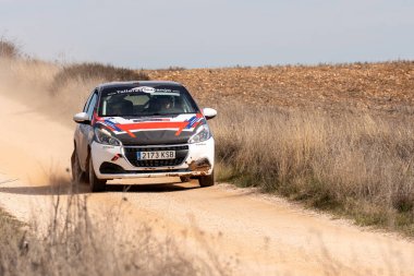 Peugeot 208 rali arabası altın tarlalarla çevrili tozlu toprak yolda hızla ilerliyor. Araç, temiz bir gökyüzünün altındaki zorlu arazide manevra yaparken arkasındaki tozu kaldırıyor..