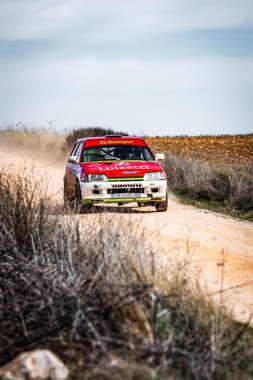 Citroen Ax GT ralli arabası toprak yolda hızla manevra yaparak açık alanda toz bulutları oluşturur. Sahne, motor sporunun heyecanını gün ışığında doğal ortamda yakalıyor..