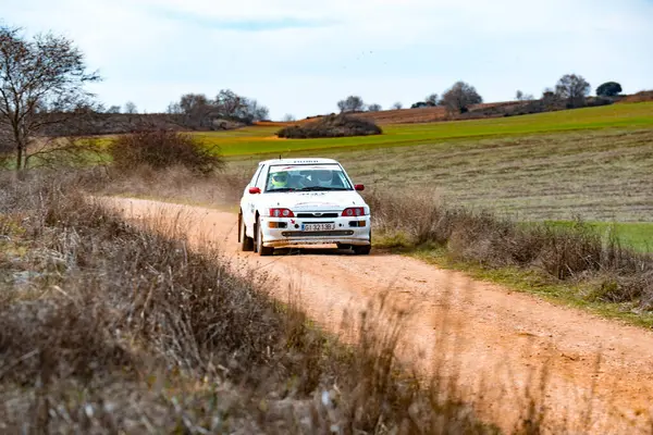 Ford Escort 'un ralli arabası, açık mavi gökyüzünün altında yemyeşil tarlalar ve çıplak ağaçlarla çevrili dolambaçlı toprak bir pistte hızlanır. Arkasından gelen toz bulutları hızla uzaklaşıyor, heyecan sergiliyor.
