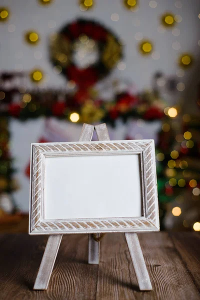 Small Easel Framed Blank Postcard Wooden Table Christmas Background Mockup — Stock Photo, Image