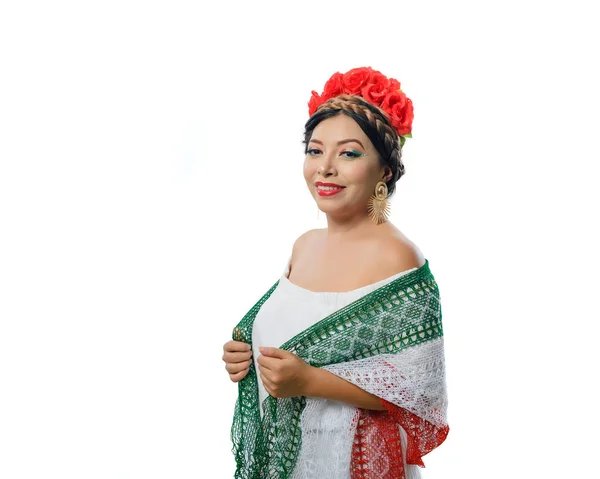 Mexican Woman Scarf Tricolor Make Wearing White Dress Woman Scarf — Zdjęcie stockowe