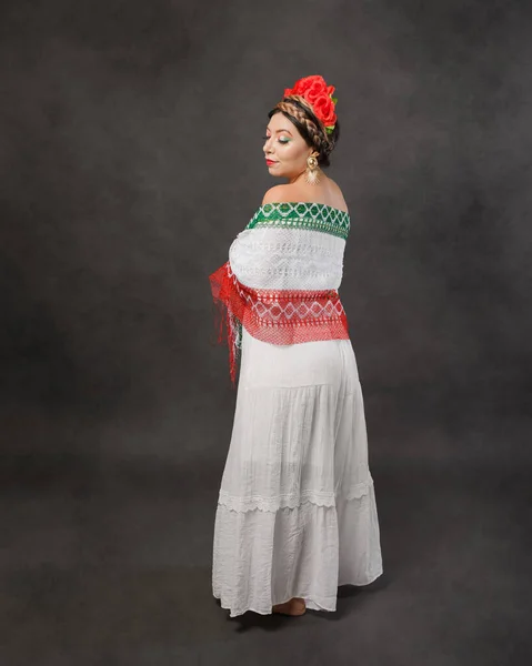 Mexican Woman White Dress Tricolor Scarf Full Length Female Portrait — Zdjęcie stockowe
