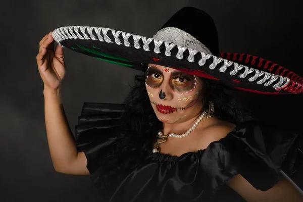 Catrina Usando Chapéu Mariachi Com Cores Bandeira Mexicana Dia Celebração — Fotografia de Stock