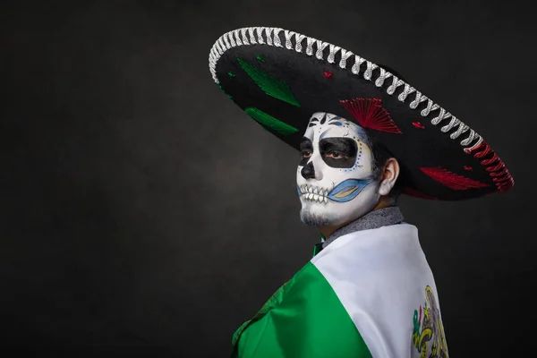 Portrait Catrin Wearing Charro Hat Showing Mexican Flag Day Dead — Stock Photo, Image