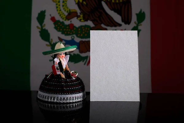 Small Doll Mexican Woman Figure Next Blank Card Mexican Flag — Stock Photo, Image