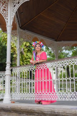 Çok renkli nakışlı geleneksel bir elbise giyen Meksikalı kadının sokak portresi. İspanyol kadın Meksika Devrimi 'nin başladığı günü kutluyor..