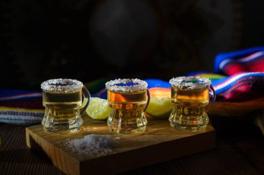 Bar masasında tuzlu ve limonlu tekila shot. Tekila ve tipik Meksika elementleri..