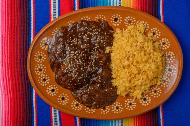 Köstebek, tipik Meksika yemeği. Geleneksel Meksika yemeği kil tabakta servis edilir..