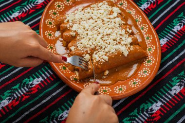 Kırmızı piyanolu enchilada yiyen biri. Tipik Meksika yemekleri..