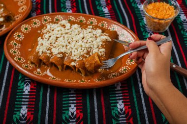 Kırmızı piyanolu enchilada yiyen biri. Tipik Meksika yemekleri..