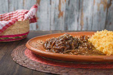 Köstebek, tipik Meksika yemeği. Geleneksel Meksika yemeği kil tabakta servis edilir..