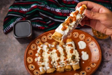 Kadının eli, yemek için altın bir taco tutuyor. Meksika yemeği.