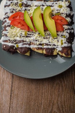 Enfrijolada kil tabakta servis edilir. Tipik Meksika yemekleri. Kremalı ve peynirli fasulyeli taco..