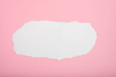 Pembe kağıt arka planda yırtılmış beyaz kağıt. Metin için boş boşluk.