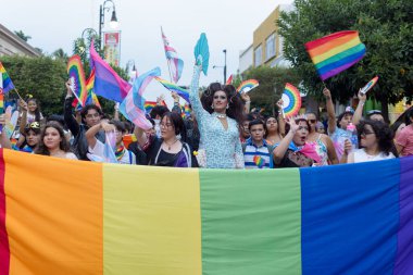 Colima, Colima. Meksika; 15 Haziran 2024: LGBT + Gurur Yürüyüşü 'nü kutlayan insanlar çok renkli bayrakları sallıyor.