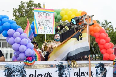 Colima, Colima. Meksika; 15 Haziran 2024: LGBT + Gurur Yürüyüşü 'nü kutlayan insanlar çok renkli bayrakları sallıyor.