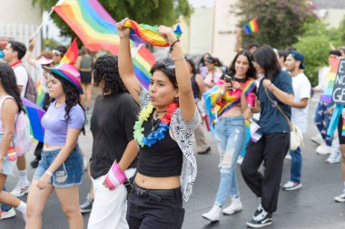 Colima, Colima. Meksika; 15 Haziran 2024: LGBT + Gurur Yürüyüşü 'nü kutlayan insanlar çok renkli bayrakları sallıyor.