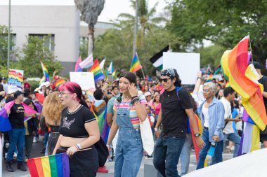 Colima, Colima. Meksika; 15 Haziran 2024: LGBT + Gurur Yürüyüşü 'nü kutlayan insanlar çok renkli bayrakları sallıyor.