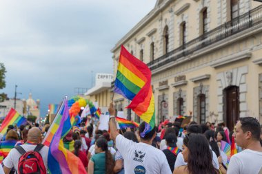 Colima, Colima. Meksika mı? 15 Haziran 2024: İnsanlar LGBT + Gurur Yürüyüşü 'nü çok renkli bayrakları sallayarak kutluyor.