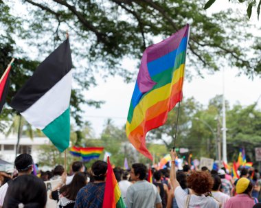 Colima, Colima. Meksika mı? 15 Haziran 2024: İnsanlar LGBT + Gurur Yürüyüşü 'nü çok renkli bayrakları sallayarak kutluyor.