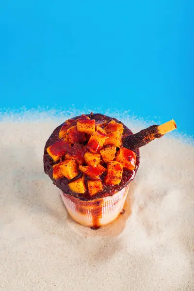 stock image Mangonada, typical mexican mango smoothie with chamoy sauce and lime juice.