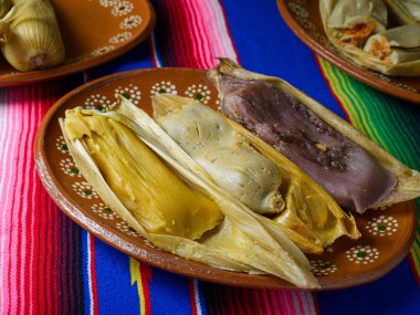 Renkli bir seraptaki kil tabaktaki farklı aromalı tamaleler. Tatlı tamale..