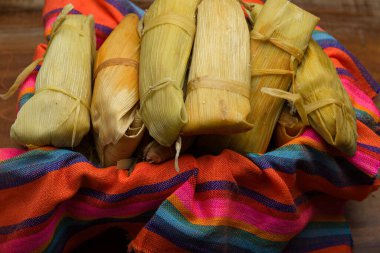 Renkli bir masa örtüsü üzerinde Tamale. Meksika yemeği. Boşluğu kopyala.