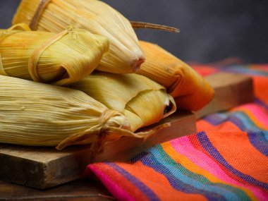 Renkli bir masa örtüsü üzerinde Tamale. Meksika yemeği. Boşluğu kopyala.