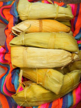 Renkli bir masa örtüsü üzerinde Tamale. Meksika yemeği. Boşluğu kopyala.
