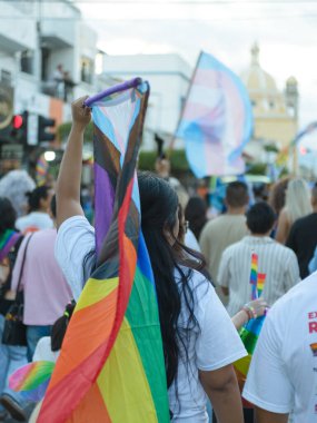 Colima, Colima. Mexico; June 21: A woman with long dark hair proudly holds a transgender pride flag at a vibrant LGBTQ+ parade.
