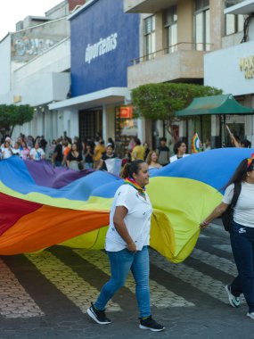 Colima, Colima. Meksika; 21 Haziran 2025: Bir kadın canlı bir sokak geçidi sırasında büyük, renkli bir gökkuşağı bayrağı taşımaya gururla yardım eder.