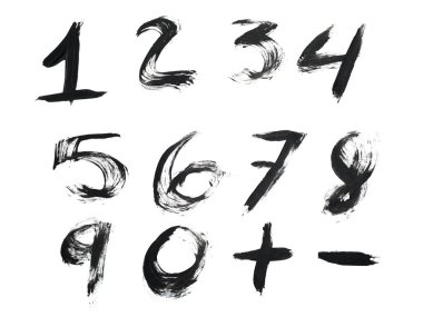 A set of hand-painted black ink numerals (0-9) and plus and minus symbols.