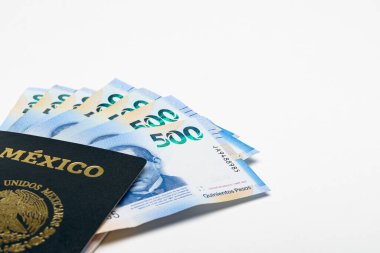 Meksika pasaportu ve beyaz arka planda beş yüz peso fatura