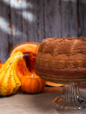 Etrafı balkabaklarıyla çevrili, ahşap bir masada lezzetli bir balkabağı köftesi..
