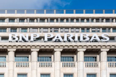 Paris, France - January 8, 2023: Sign on top of the BNP Paribas bank headquarters building located on boulevard des Italiens in Paris