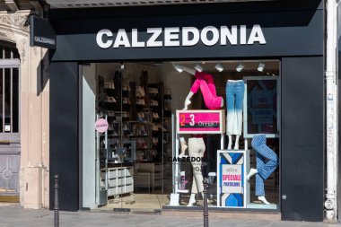 Paris, France - February 27, 2023: Exterior view of a Calzedonia store, an Italian clothing fashion company that produces and markets lingerie and swimwear