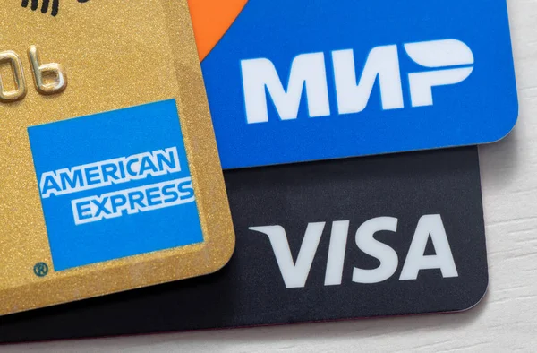 Moskva Rusko Května 2023 Detailní Záběr Visa American Express Mir — Stock fotografie