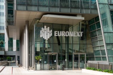 Courbevoie, France - October 9, 2023: Entrance to the Euronext building in the Paris La Defense business district. Euronext is the main stock exchange in the euro zone clipart