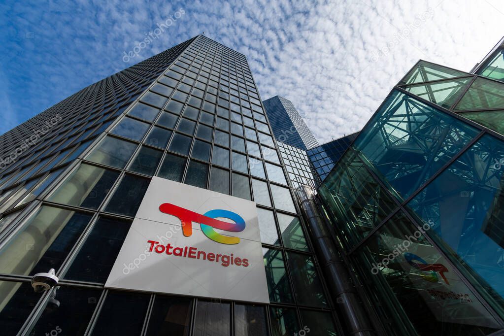 Courbevoie, France - October 9, 2023:  Exterior view of the headquarters of TotalEnergies, a French multinational integrated energy and petroleum company, in the business district of Paris-la Defense