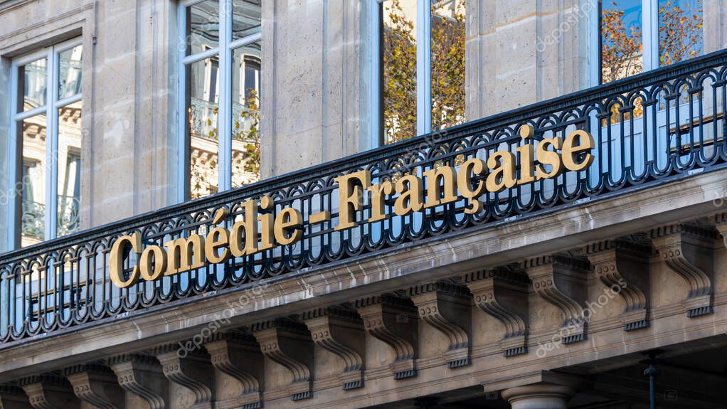 Paris, France - November 22, 2023: Sign on the facade of the Theatre de la Comedie-Francaise, also called Theatre-Francais or Le Francais, a French public cultural institution founded in 1680